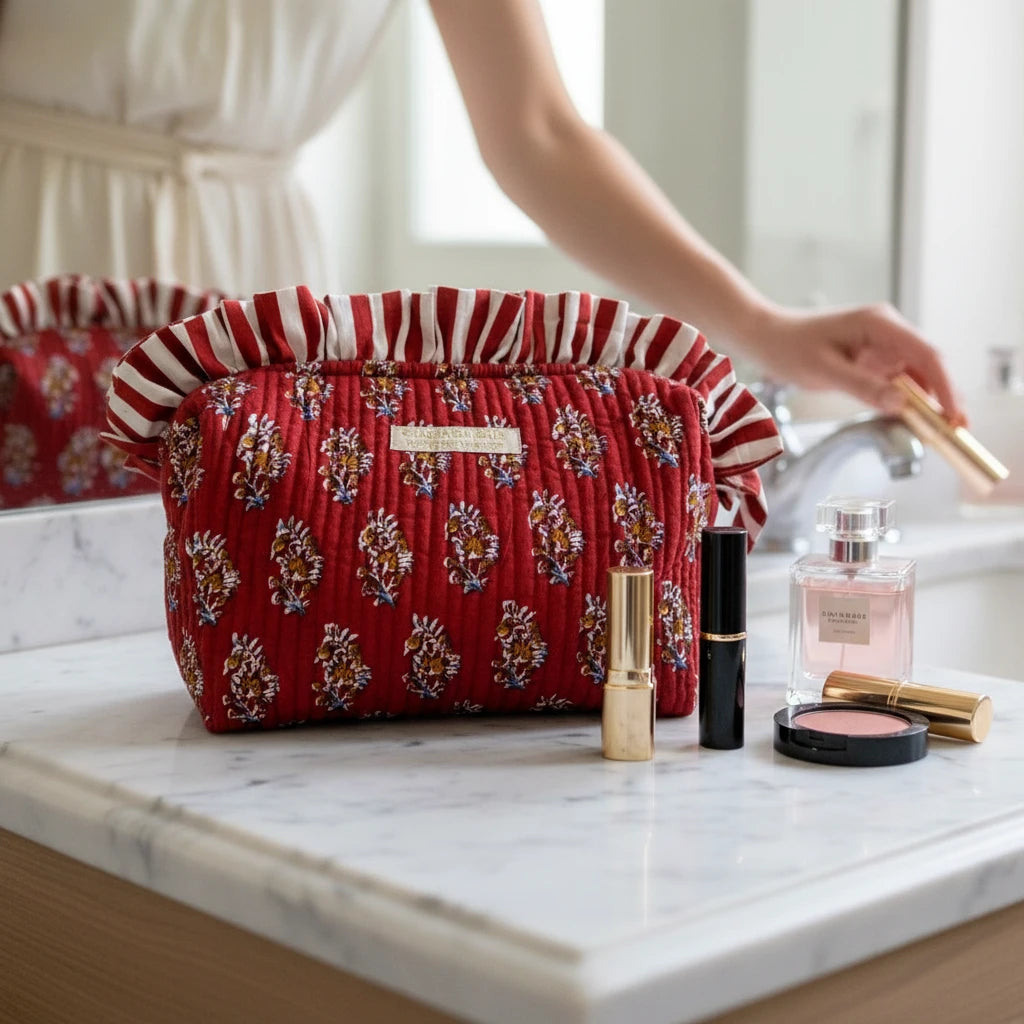 Trousse block print bordeau jaipur collection froufrou chachadamour ouverte avec accessoires maquillage, grande capacité