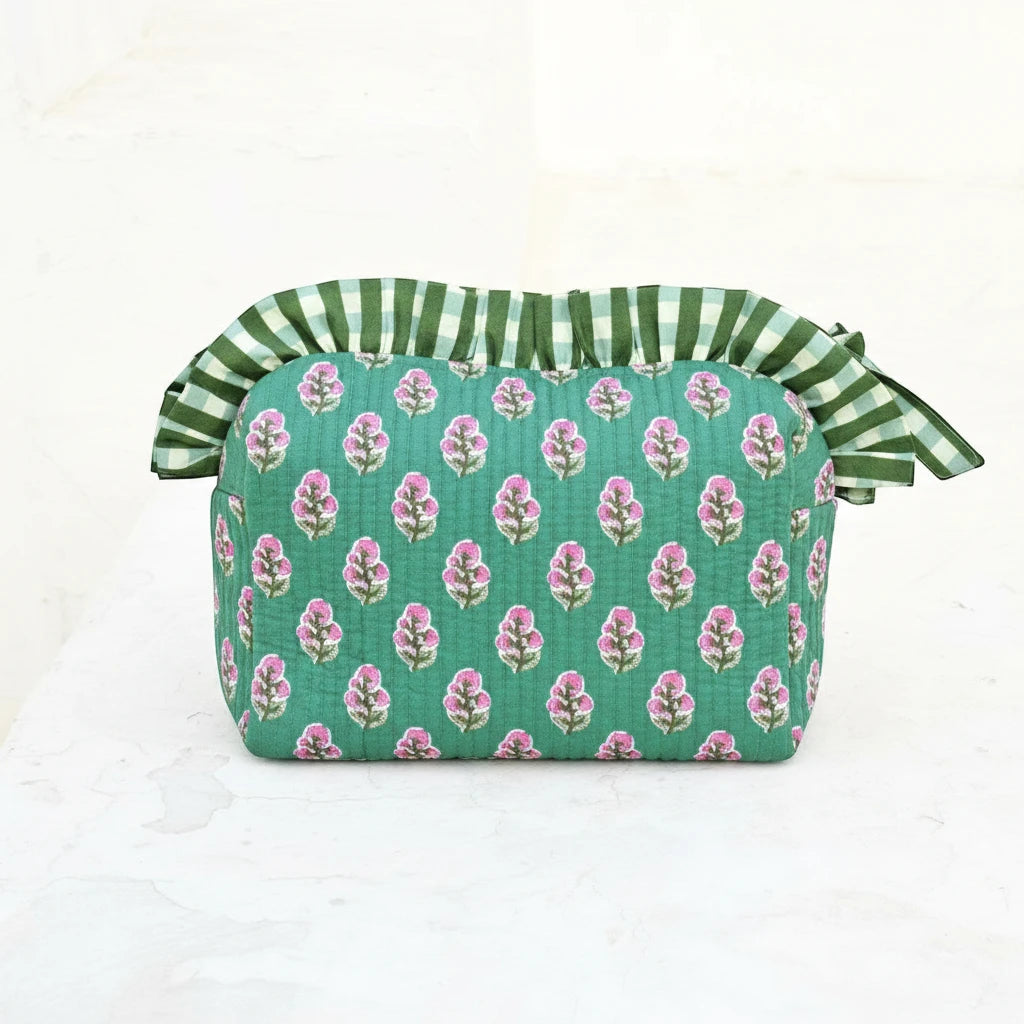 Trousse de Toilette Block Print Vert Pivoine Jardin Mongol | Chachadamour