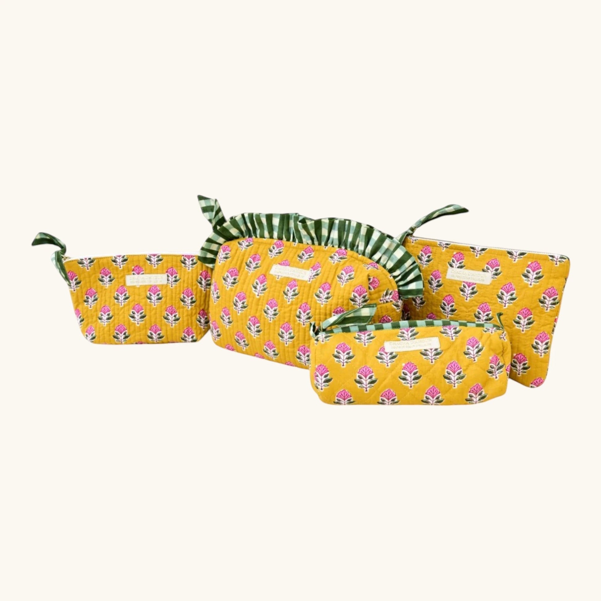 Collection de trousses de toilette Froufrou block print Jaipur — grand format, moyen format et pochette — CHACHADAMOUR