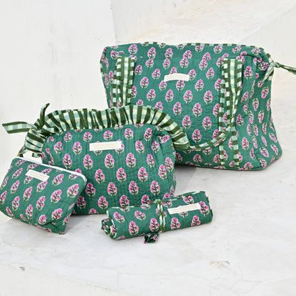 Trousse de Toilette Block Print Vert Pivoine Jardin Mongol | Chachadamour