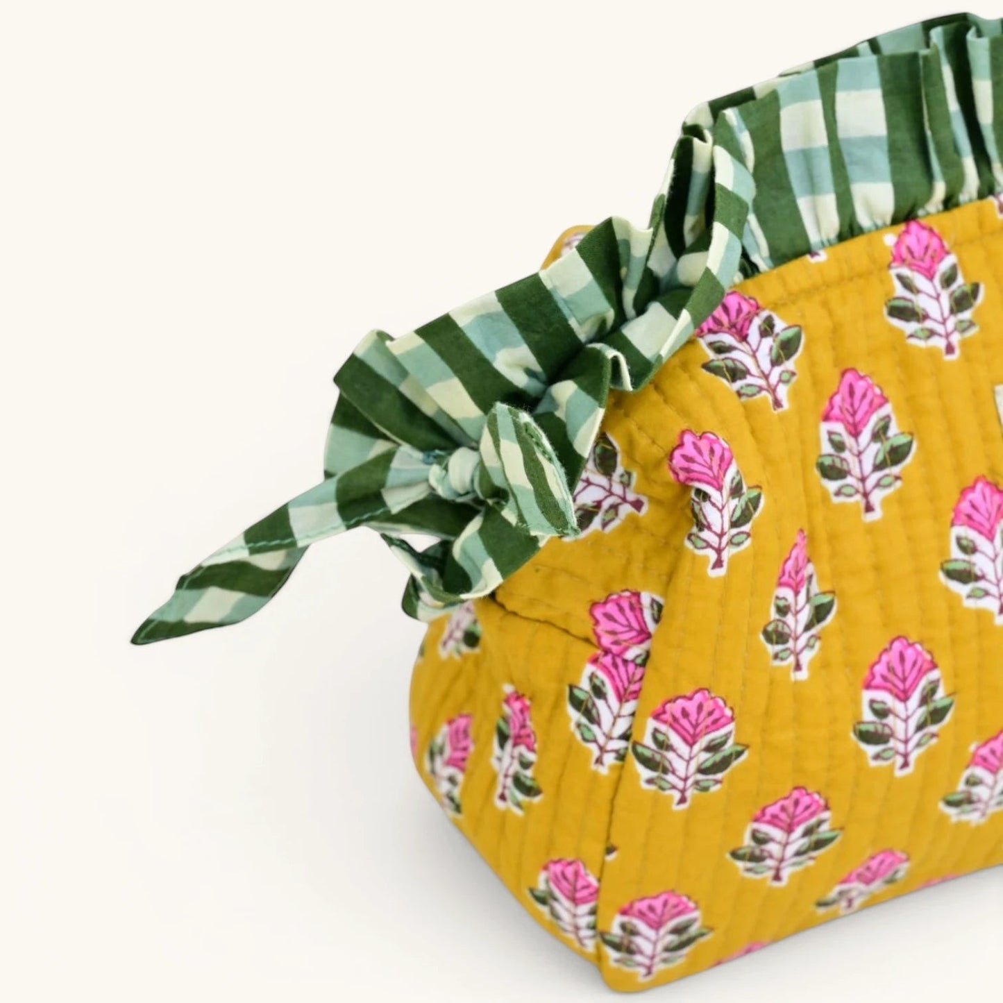 Détail tissu block print imprimé à la main, trousse de toilette Froufrou Jaipur — CHACHADAMOUR