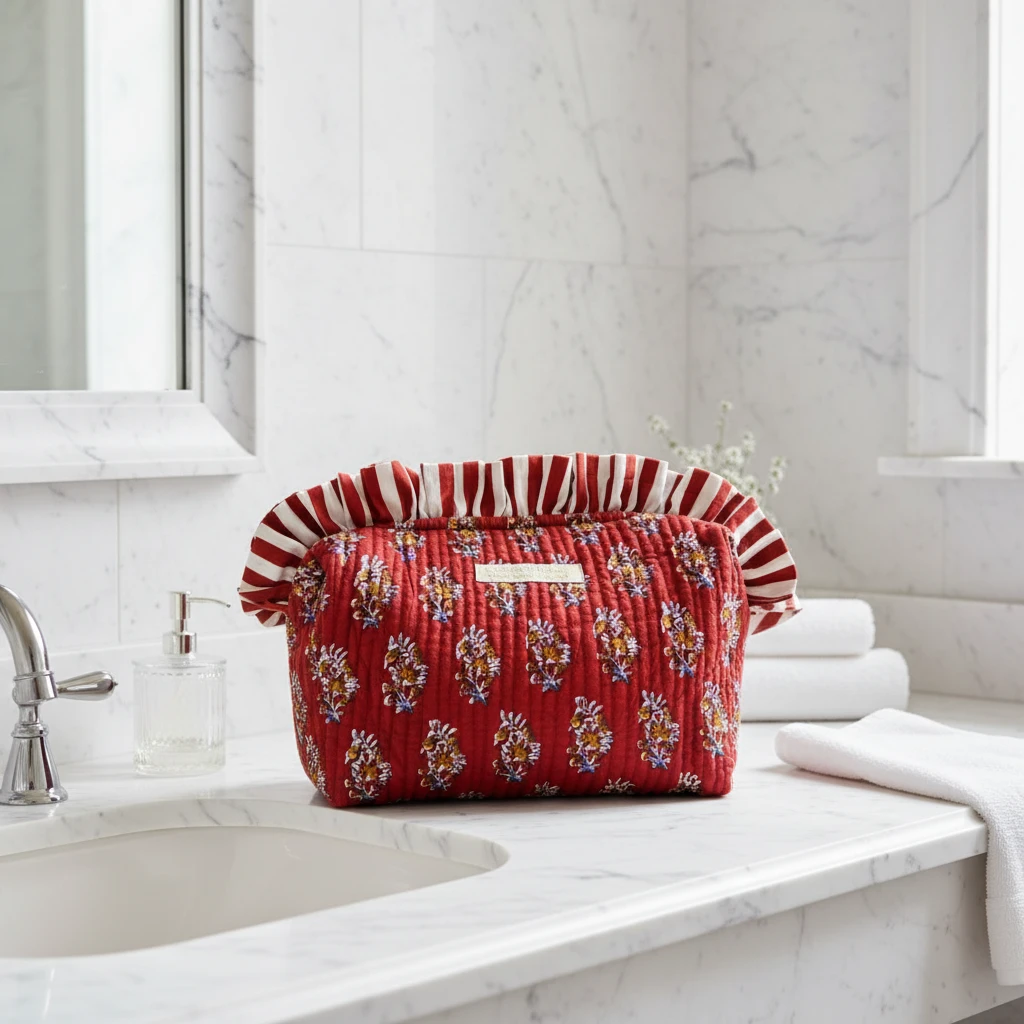 Trousse brodée collection froufrou chachadamour posée en salle de bain, style bohème chic artisanal