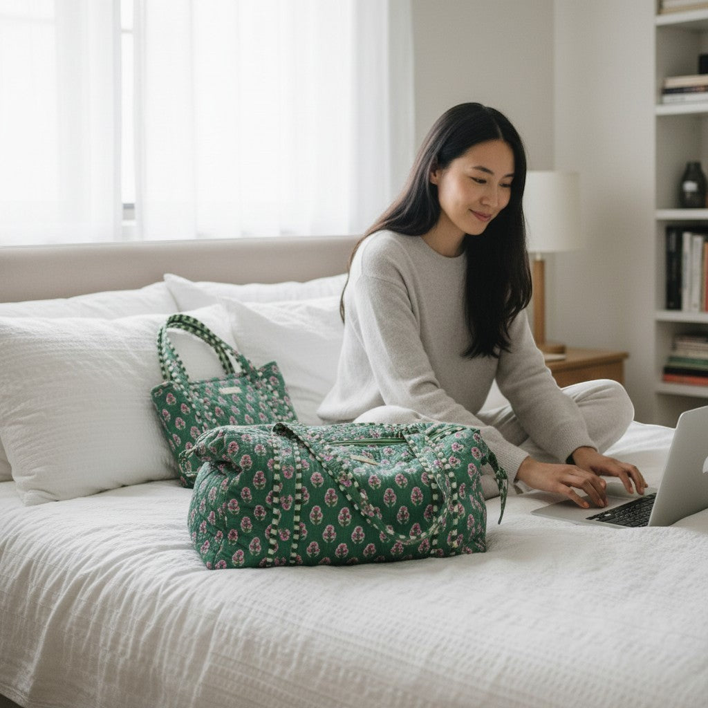 CHACHADAMOUR green block print quilted cotton tote bag and duffel bag with pink floral motifs, a woman sits on a bed using a laptop.