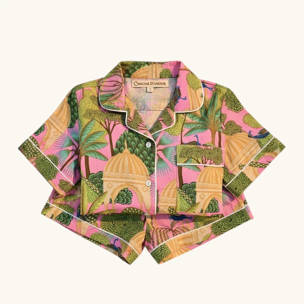 Ensemble Pyjama short Femme Jaipur Tropical Rose Indien | Chachadamour