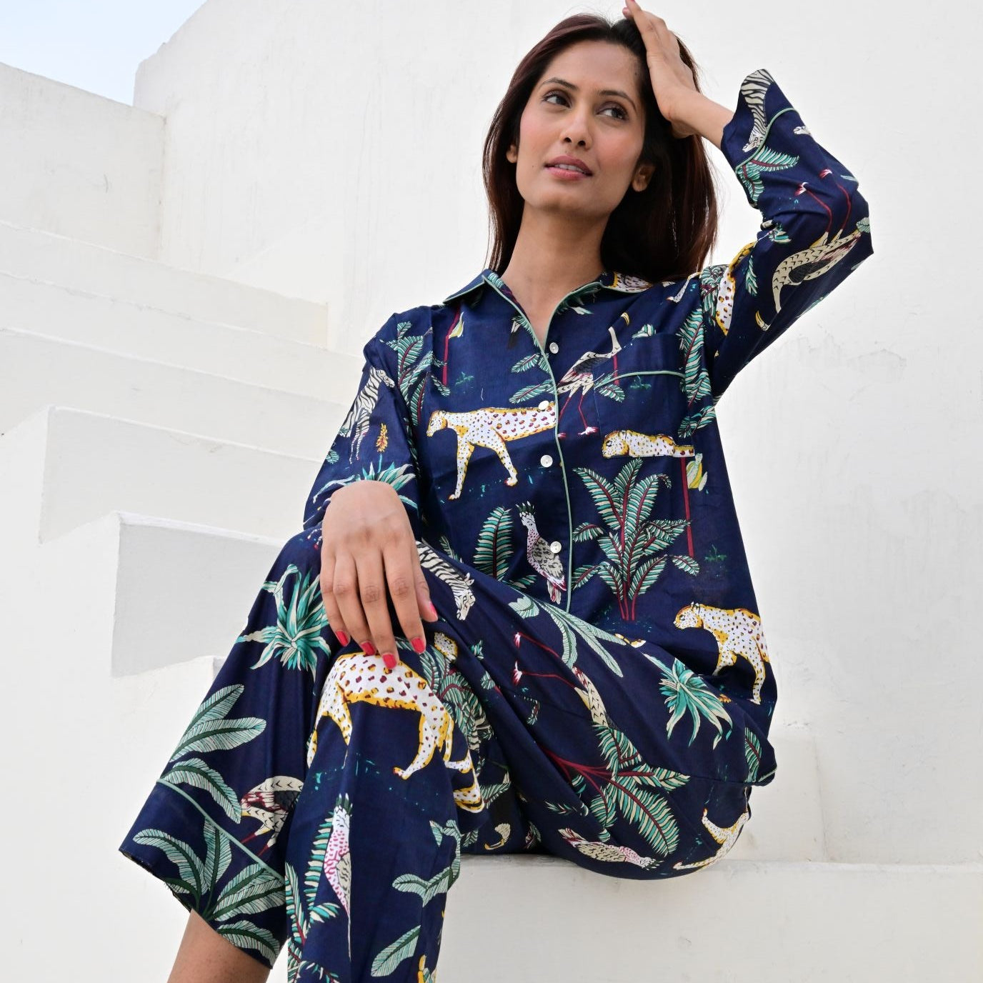 Ensemble Pyjama Long Femme Savane  Marine | Chachadamour