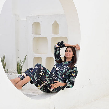 Ensemble Pyjama Long Femme Savane  Marine | Chachadamour