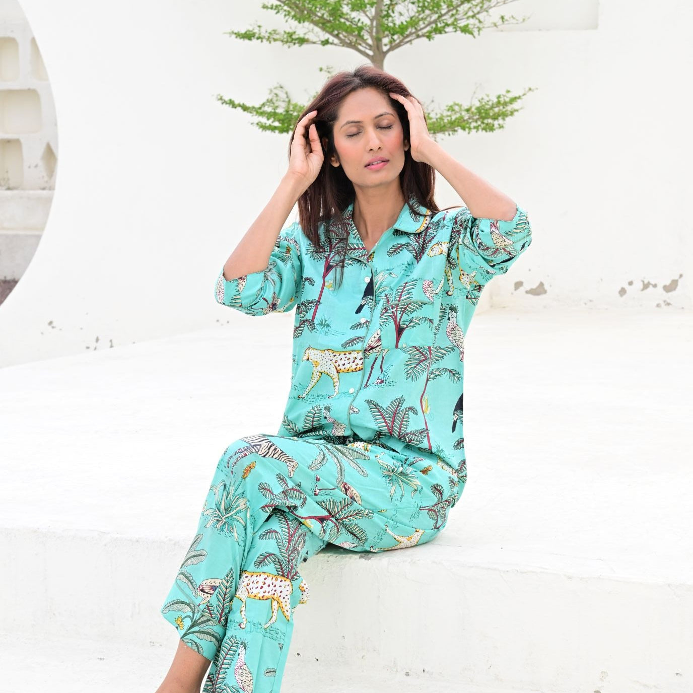 Ensemble Pyjama Long Femme Savane Turquoise | Chachadamour