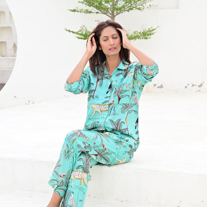 Ensemble Pyjama Long Femme Savane Turquoise | Chachadamour