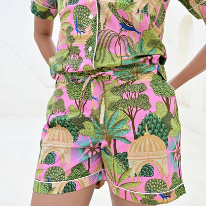 Ensemble Pyjama short Femme Jaipur Tropical Rose Indien | Chachadamour