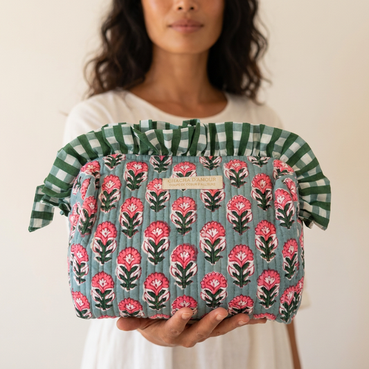 Trousse de Toilette Block Print Menthe Lotus | Chachadamour